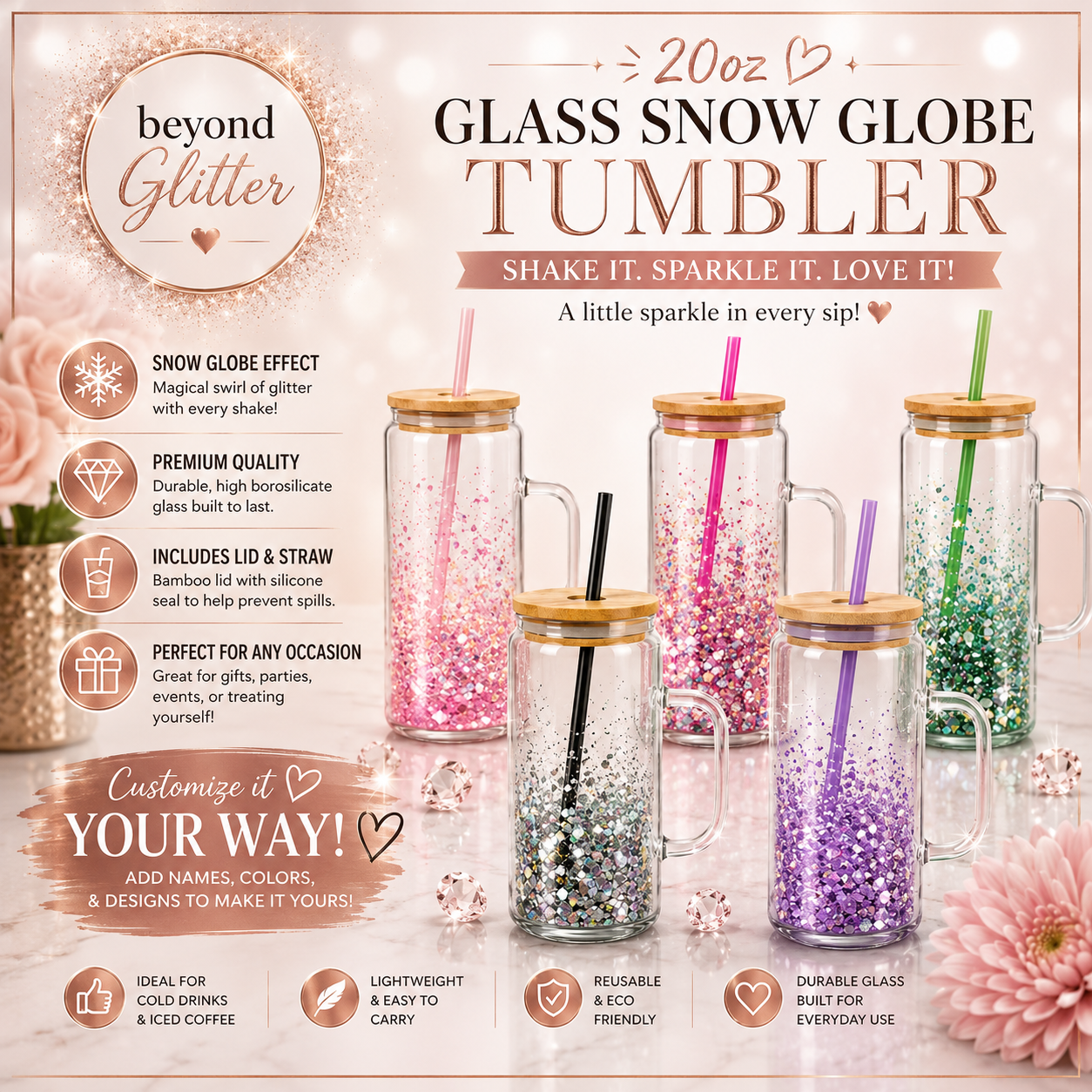 16oz Glass Snowglobe Tumbler with Matching Lid & Straw