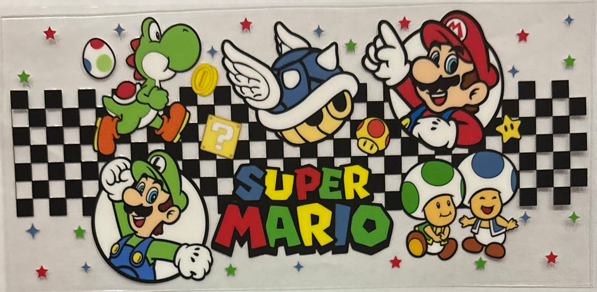 Super Mario characters on a checkered background with colorful text.