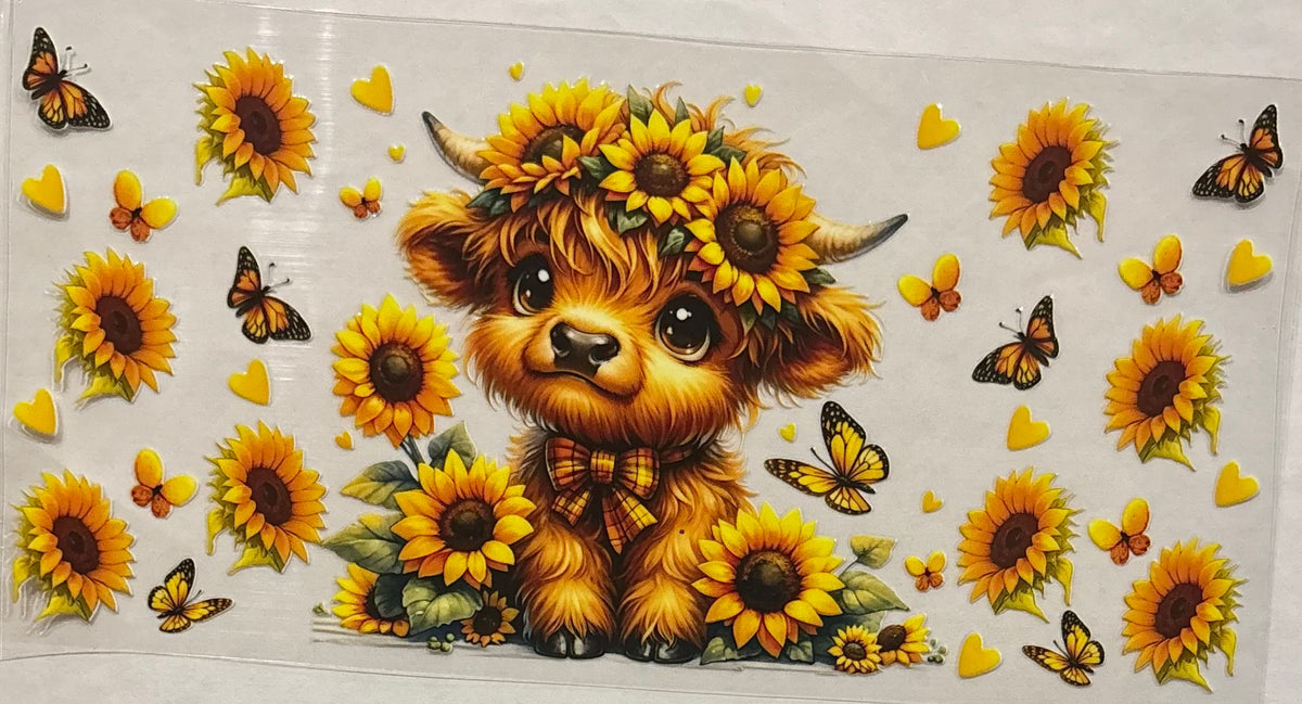 Sticker design of a fluffy animal with sunflowers and butterflies on a white background