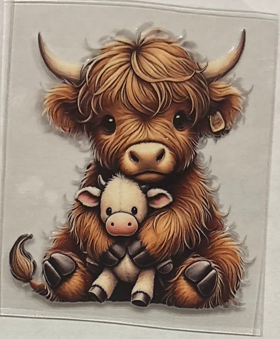 Illustration of a fluffy brown cow holding a smaller cow on a light gray background
