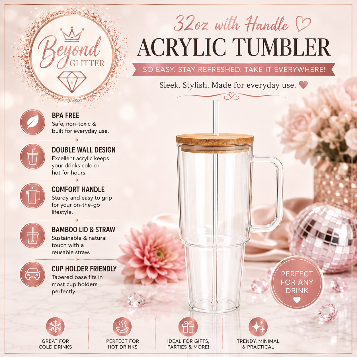 40oz Glass Single Wall Cup with Handle